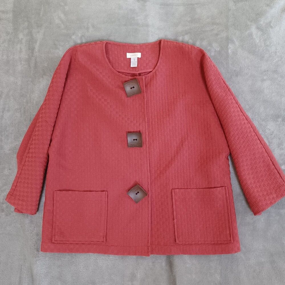 Chicos Sz 1/ M Artsy Boxy Topper Jacket Blazer Casual Relaxed Textured Coral Red